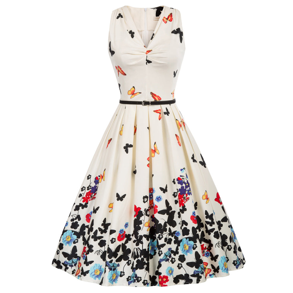 1950s Vintage Butterfly Printed Sleeveless V-Neck Flared A-Line Dress