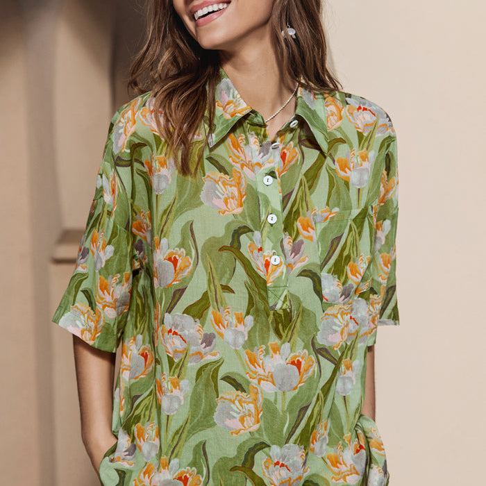 Floral Pattern Pullover Lapel Shirt