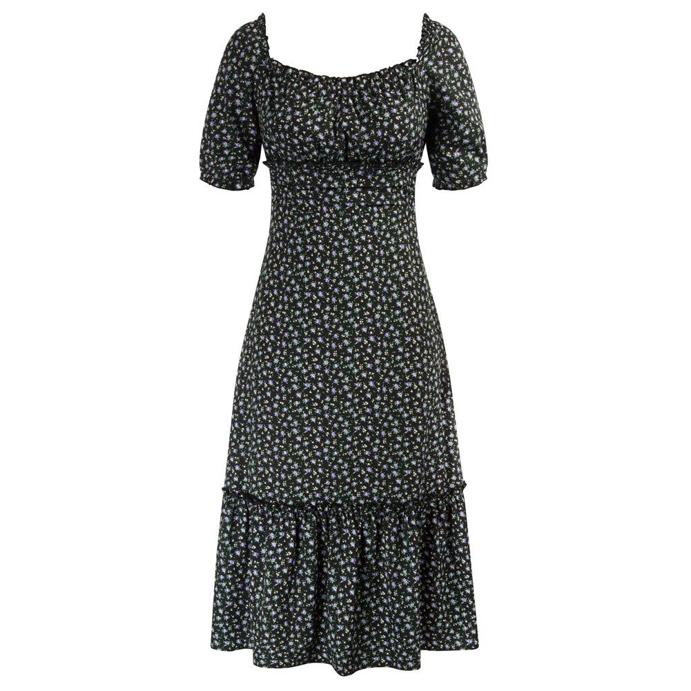 Floral Printed Two-Way Dress Short Sleeve Square Neck/Off Shoulder A-Line Dress