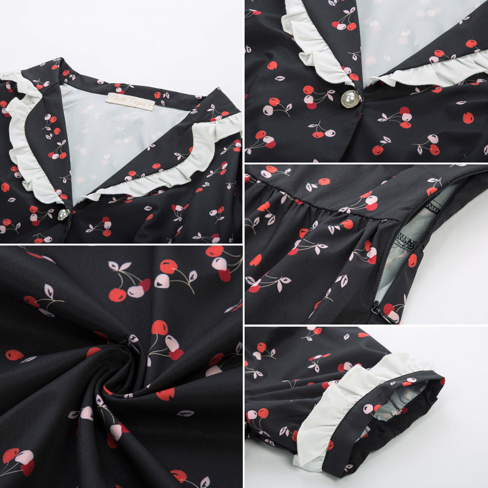 Cherries Retro Lapel Collar Puffed Short Sleeve V-Neck Flared A-Line Dress - Belle Poque Offcial