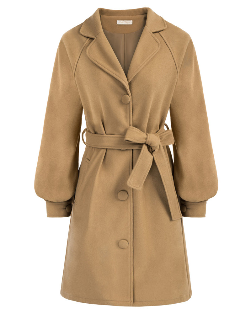 Vintage Pea Coat Elegant Lantern Sleeve Long Winter Overcoat Outfits