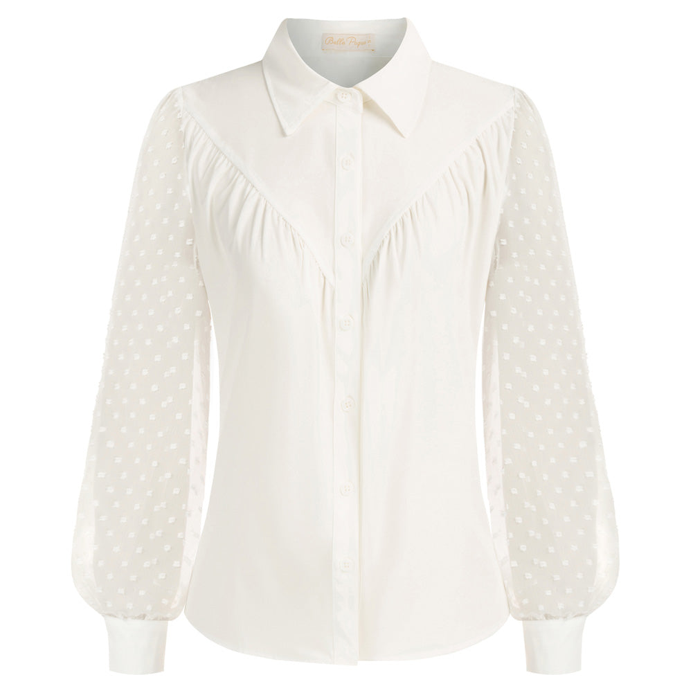 Seckill Offer⌛Vintage Point Collar Shirt Loose Fit Lace Long Sleeve Button-up Blouse Tops