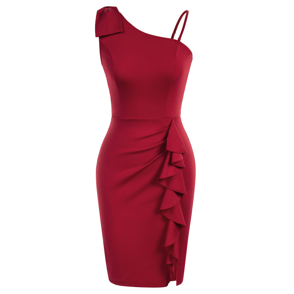 Women One Shoulder Dress Ruffle Decorated Front Slit Bodycon Dress