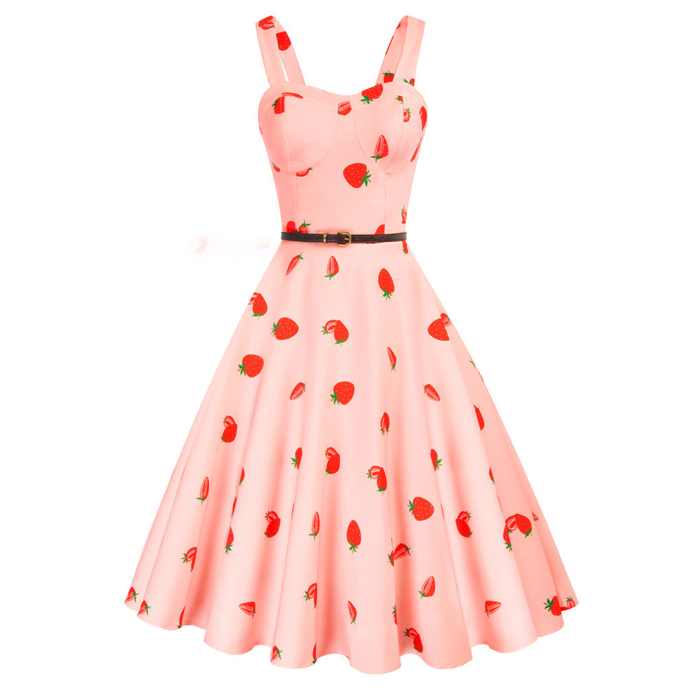 Cherries Print Sweetheart Neck Flared A-Line Dress with Belt - Belle Poque Offcial