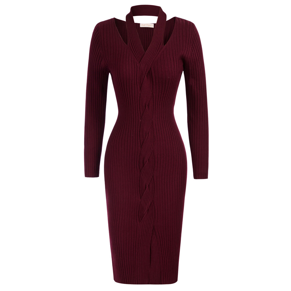 Seckill Offer⌛Halterneck Sweater Dress Long Sleeve Front Slit Knitted Bodycon Dress