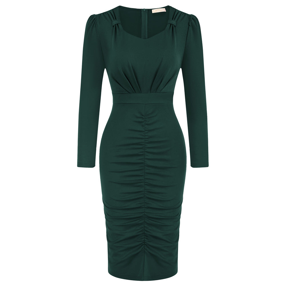 Seckill Offer⌛Vintage Ruched Dress Long Sleeve Defined Waist Bodycon Dress