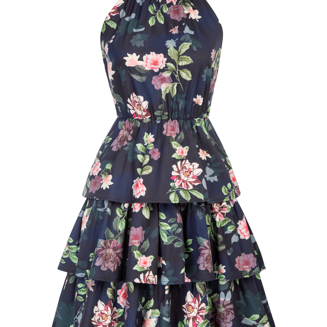 Seckill Offer⌛Strawberry Printed Elastic Waist Cake Dress Sleeveless Halterneck 3-Layer A-Line Dress