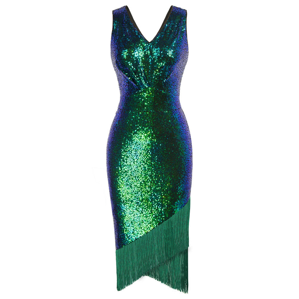 Seckill Offer⌛Sequined Sleeveless V-Neck Tassel Decorated Wrap Hem Party Dress