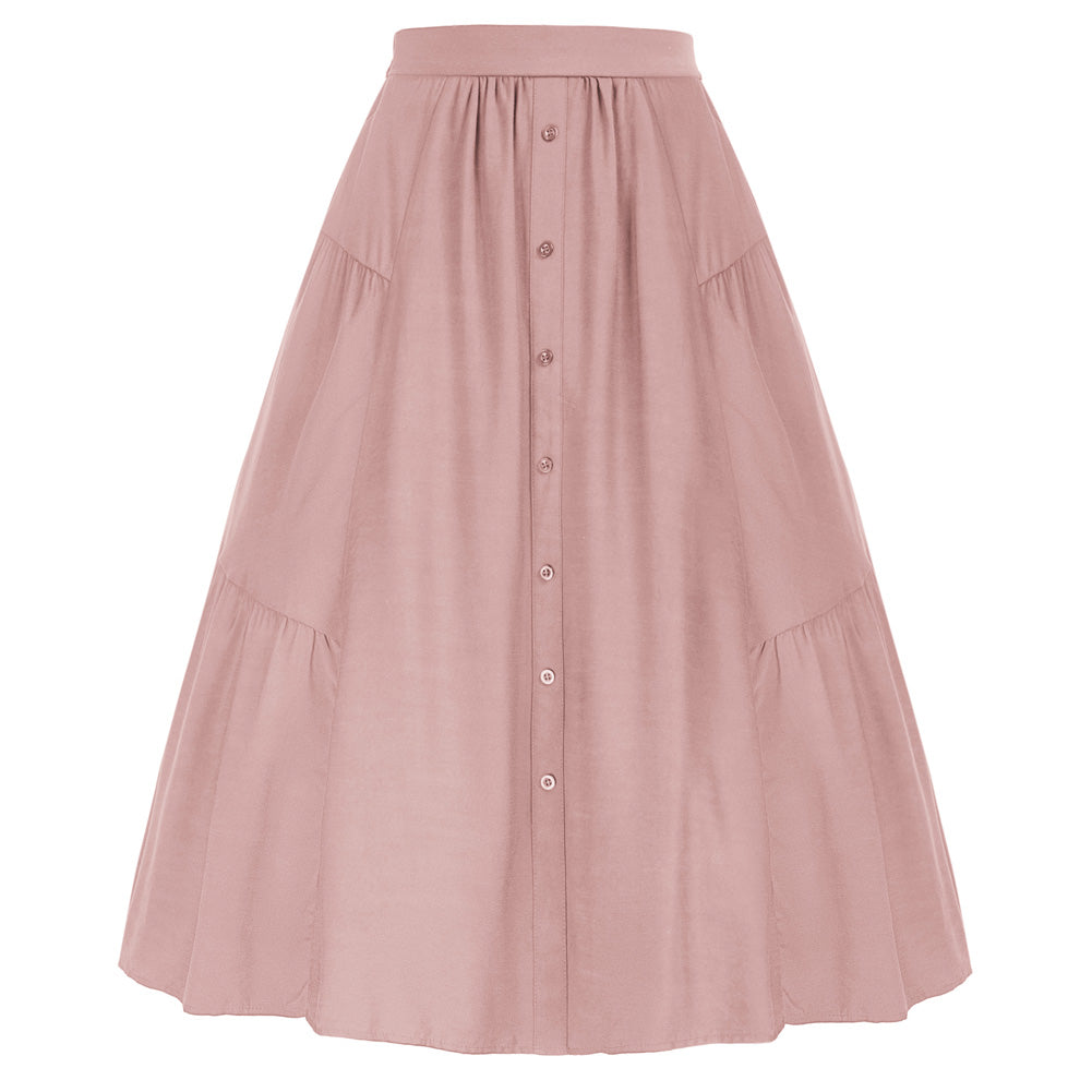 Solid Color Tiered Swing Skirt High Waist Button Decorated A-Line Skirt