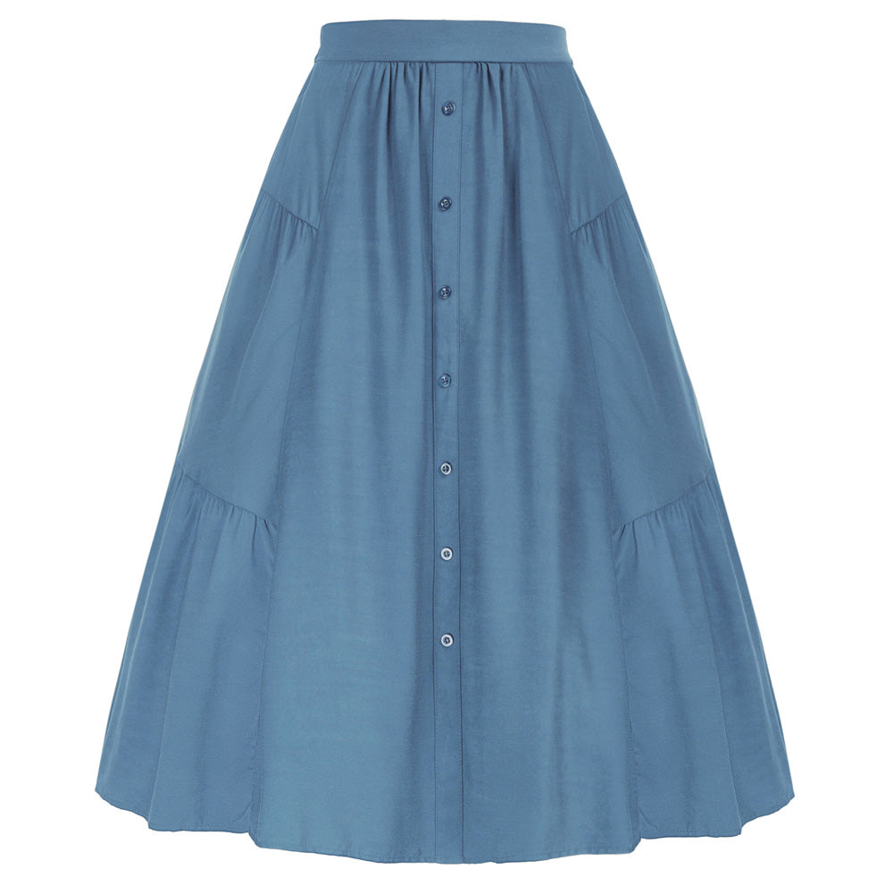 Solid Color Tiered Swing Skirt High Waist Button Decorated A-Line Skirt