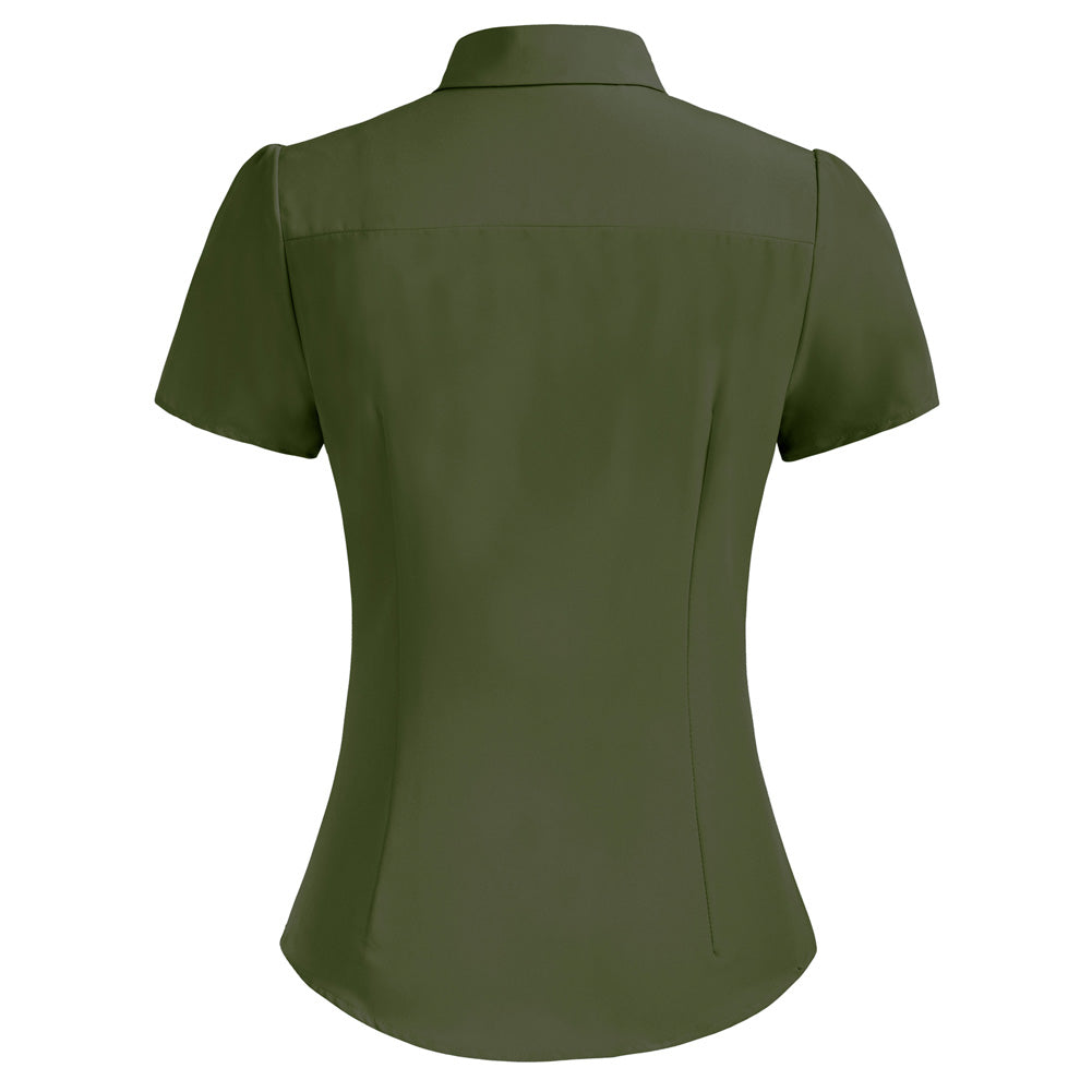 Women Defined Waist Shirt Short Sleeve Button Placket Curved Hem Tops - Belle Poque Offcial