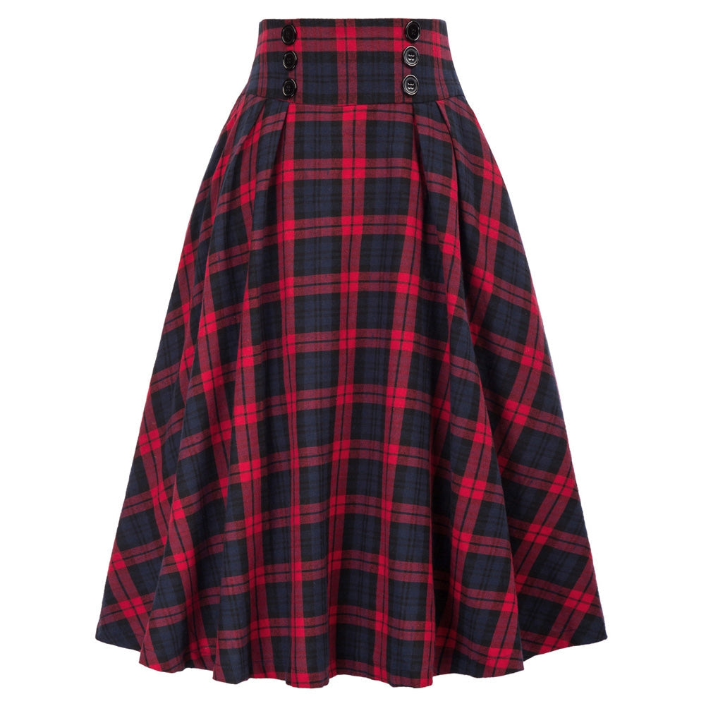 Plaid A-Line Skirt Cotton Buttons Decorated High Waist Skirt With Pockets - Belle Poque Offcial