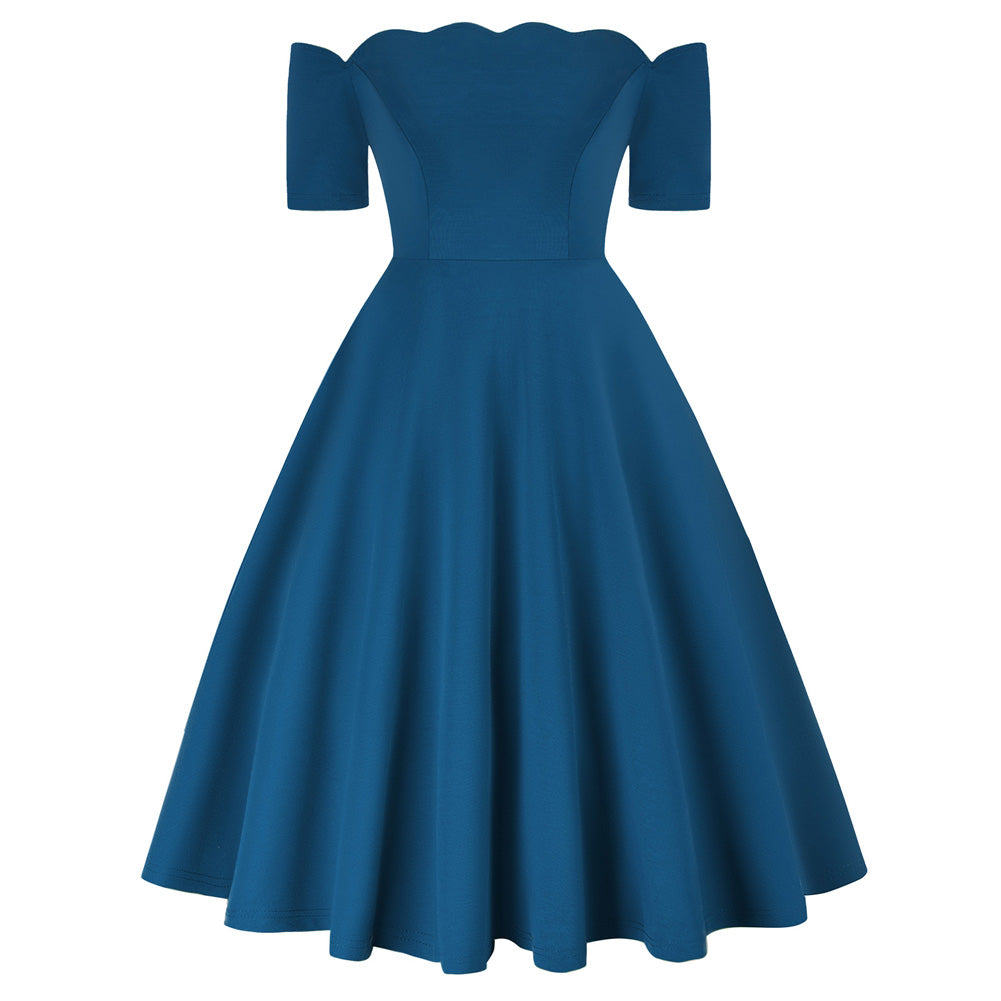 Off Shoulder Short Sleeve Waved Neckline A-Line Dress - Belle Poque Offcial