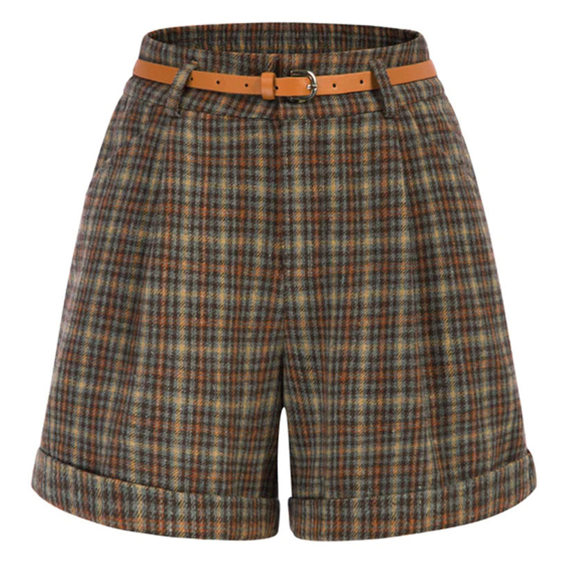 Seckill Offer⌛Plaided Shorts with Belt Elastic Waist Fold-over Leg Opening Shorts
