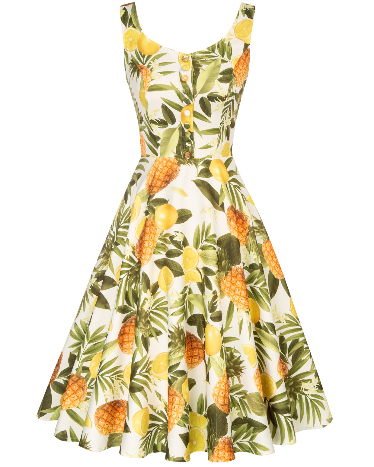 1950s Vintage Sleeveless Pineapple/Lemon/Chreey Pattern A-Line Dress - Belle Poque Offcial