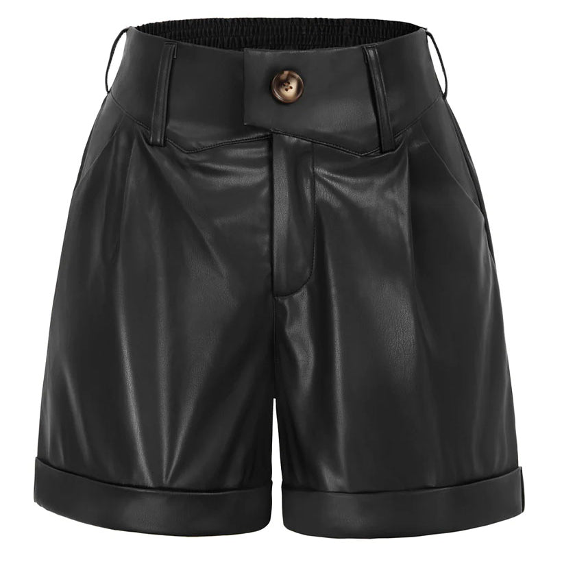 Vintage Faux Leather Shorts High Waist Fold-Over Leg Opening Shorts⏰Flash Sale