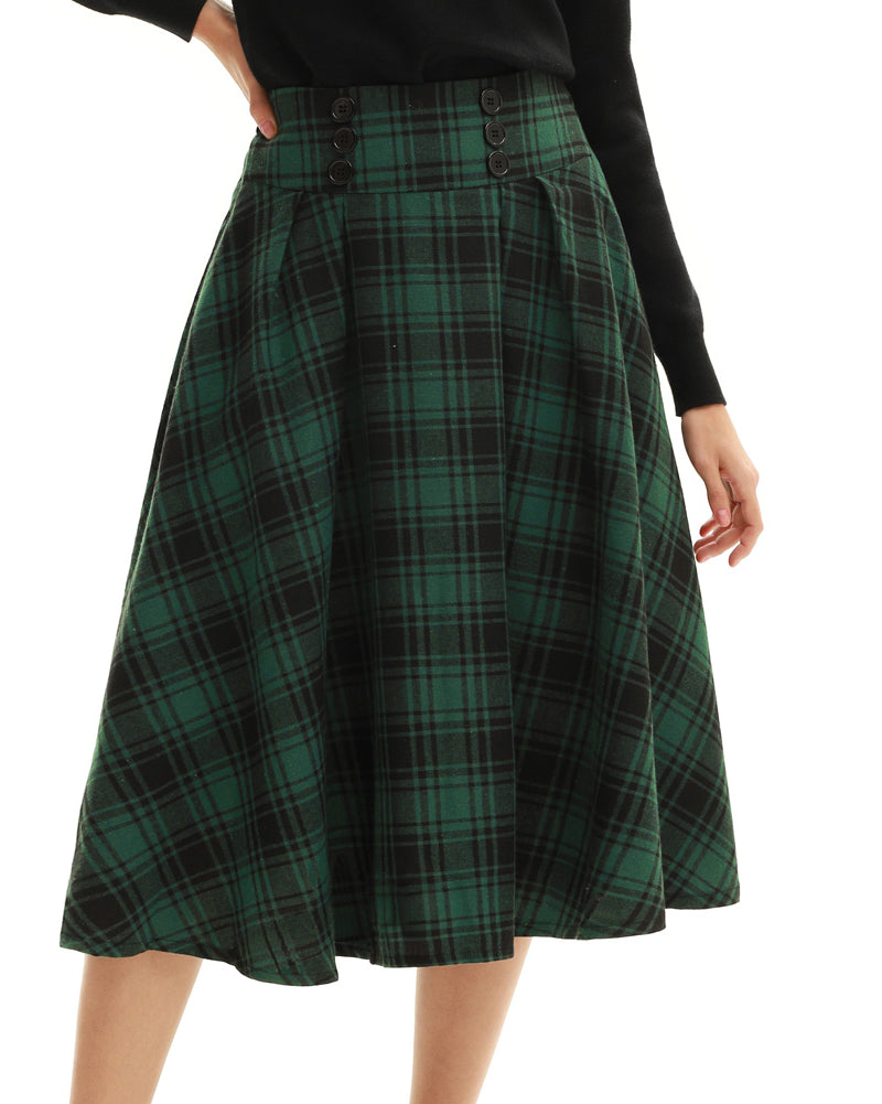Elastic Waist Plaided Skirt High Waist Buttons Decorated Flared A-Line Skirt - Belle Poque Offcial