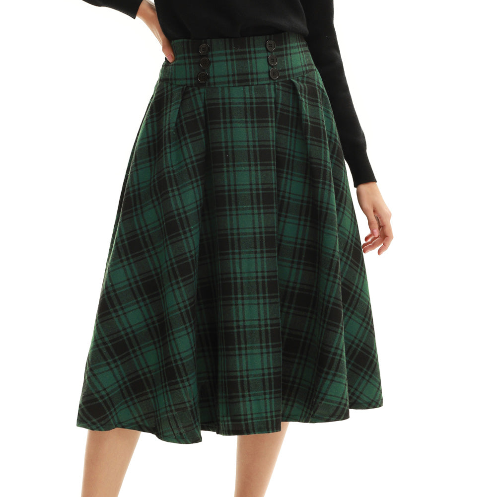 Elastic Waist Plaided Skirt High Waist Buttons Decorated Flared A-Line Skirt - Belle Poque Offcial