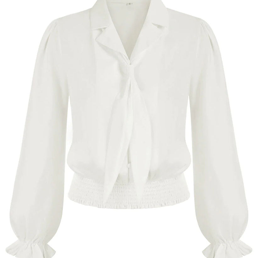 Seckill Offer⌛Notch Lapel Shirt Long Sleeve Smocked Hem Tie Decorated Pullover Tops