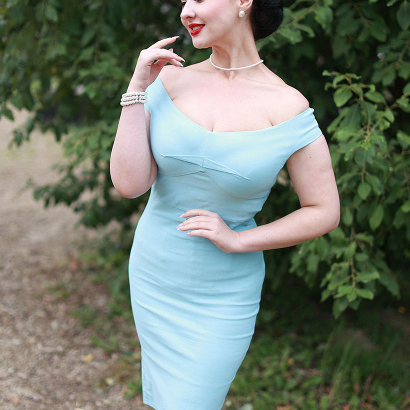 Vintage Fans Look of 1950s Off The Shoulder Hips-Wrapped Bodycon Pencil Dress