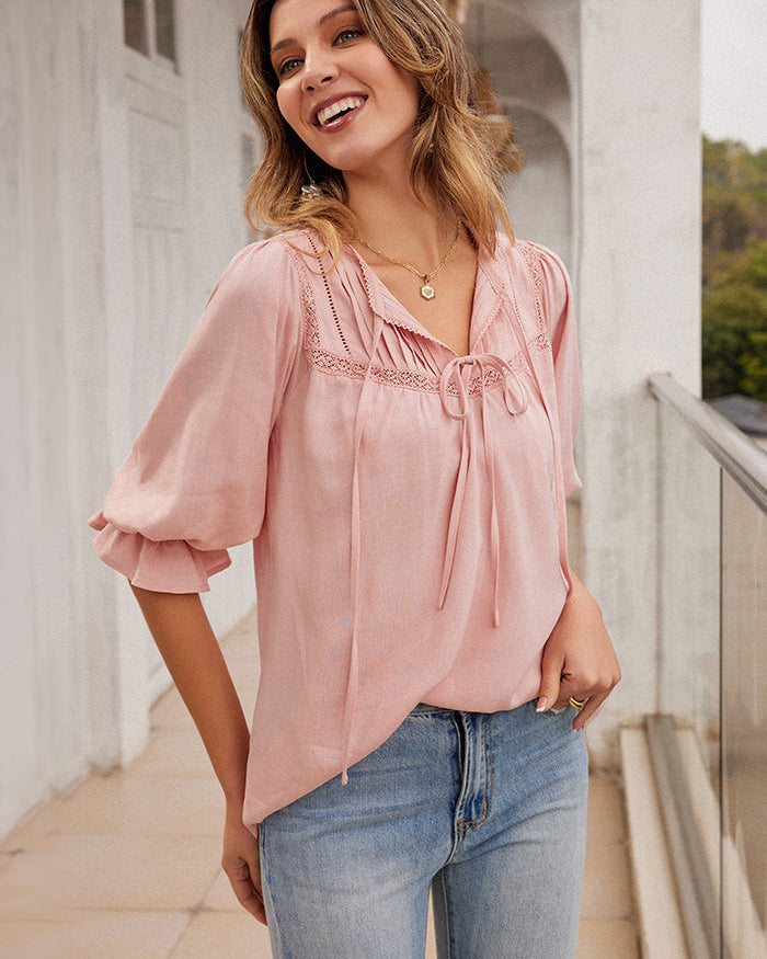 Pleated Loose Fit Tie-Neck Gathered Tops