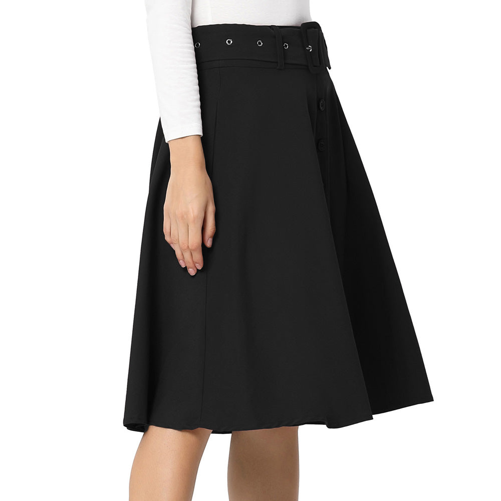 Women Solid Color Buttons Decorated Flared A-Line Skirt With Belt ...