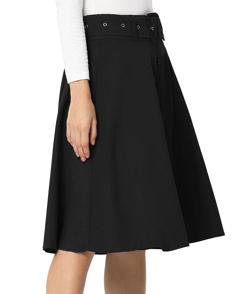 Solid Color Buttons Decorated Flared A-Line Skirt With Belt & Pockets - Belle Poque Offcial