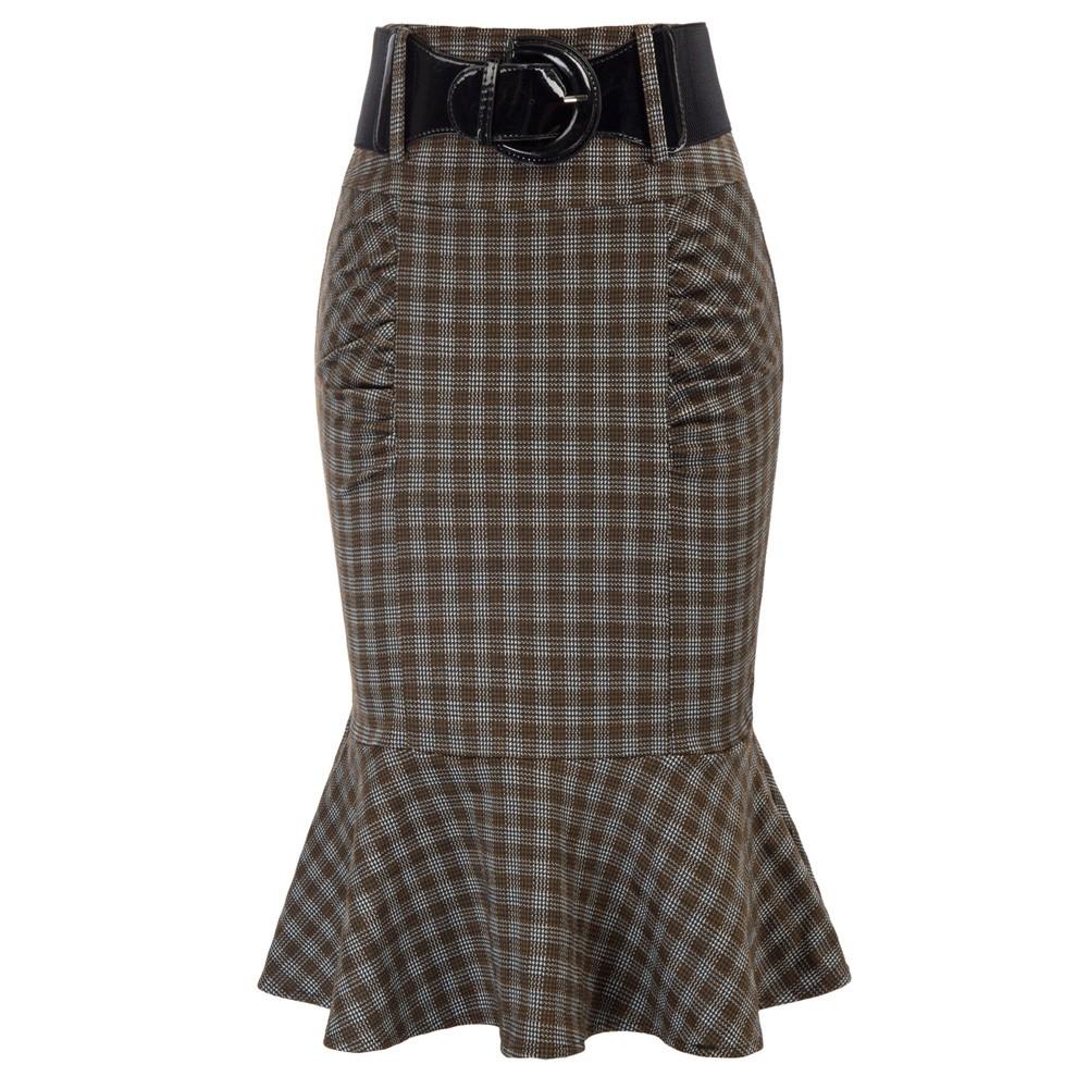 Houndstooth mermaid Hem Shirred Detail Pencil Skirt with Belt - Belle Poque Offcial