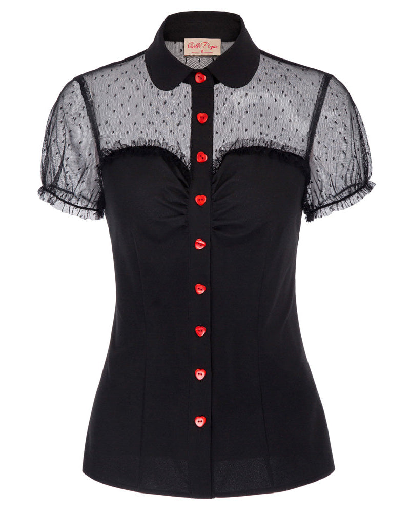 1950s Vintage Short Sleeve Lapel Collar Mesh Fabric Patchwork Shirt - Belle Poque Offcial
