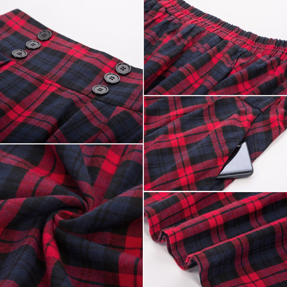 Plaid A-Line Skirt Cotton Buttons Decorated High Waist Skirt With Pockets - Belle Poque Offcial