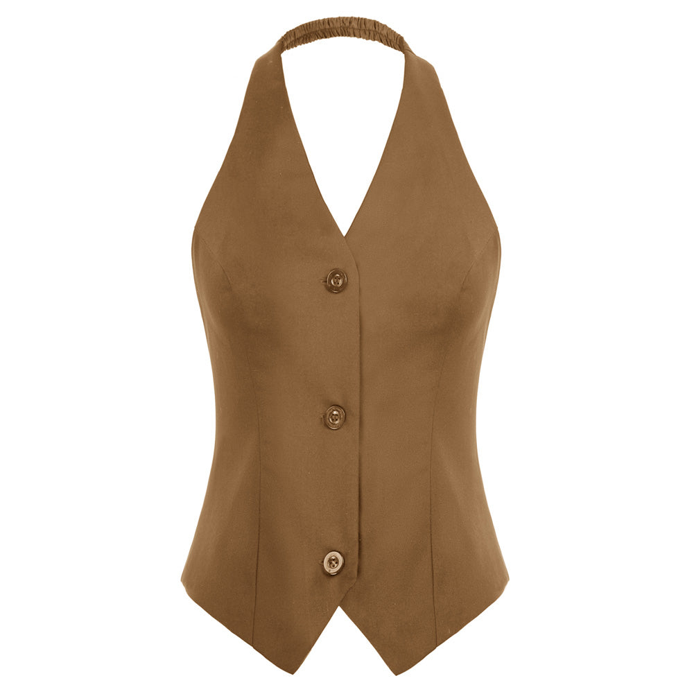 Seckill Offer⌛Solid Color Halter V-Neck Single Breasted Handkerchief Vest