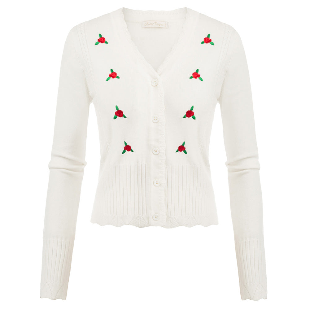 Embroidery Decorated Long Sleeve V-Neck Button Down Sweater Cardigan - Belle Poque Offcial