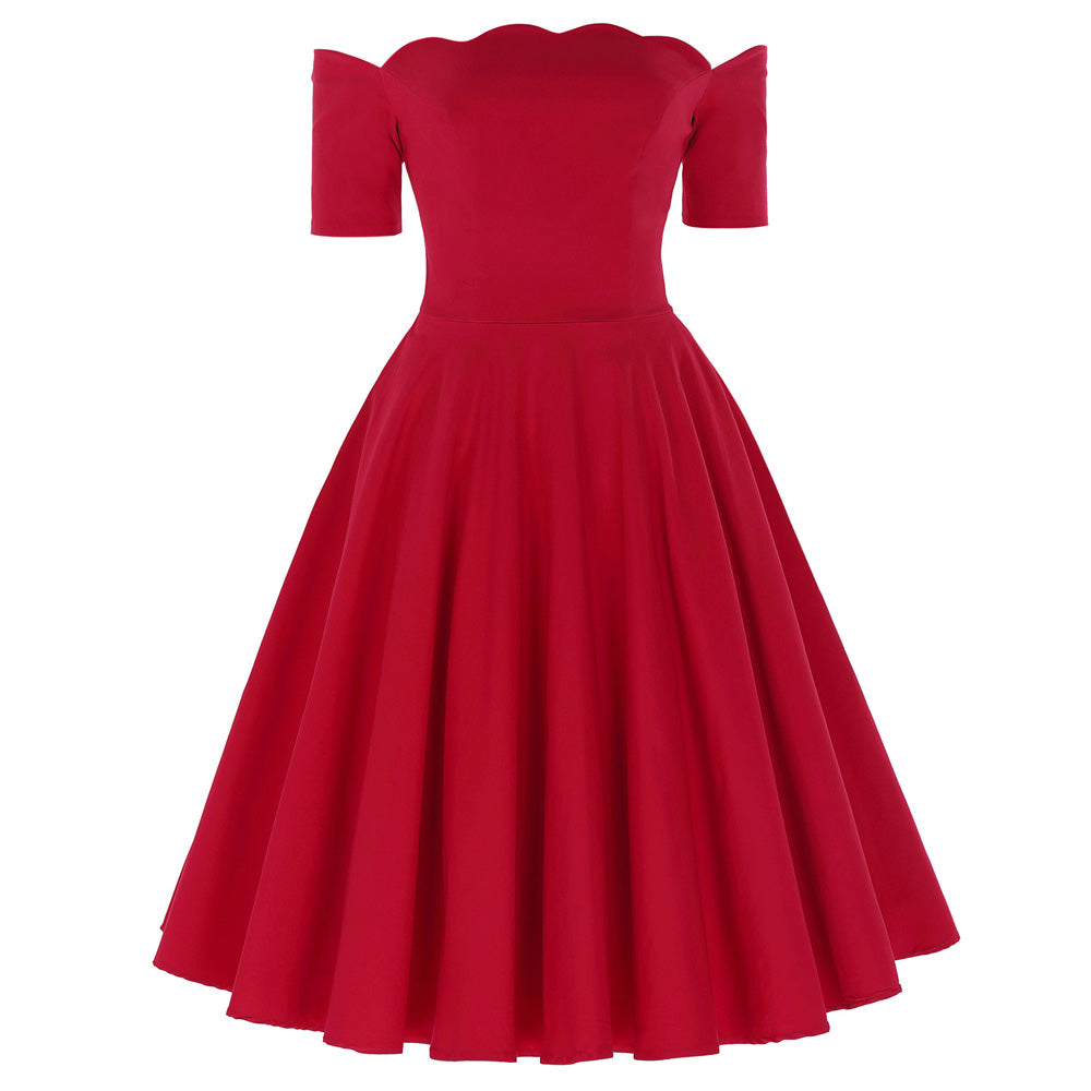 1950s Vintage Solid Color Short Sleeve Off Shoulder Flared A-Line Dress - Belle Poque Offcial