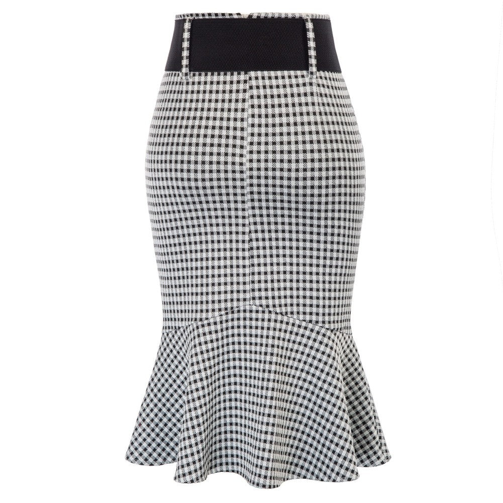 Houndstooth mermaid Hem Shirred Detail Pencil Skirt with Belt - Belle Poque Offcial