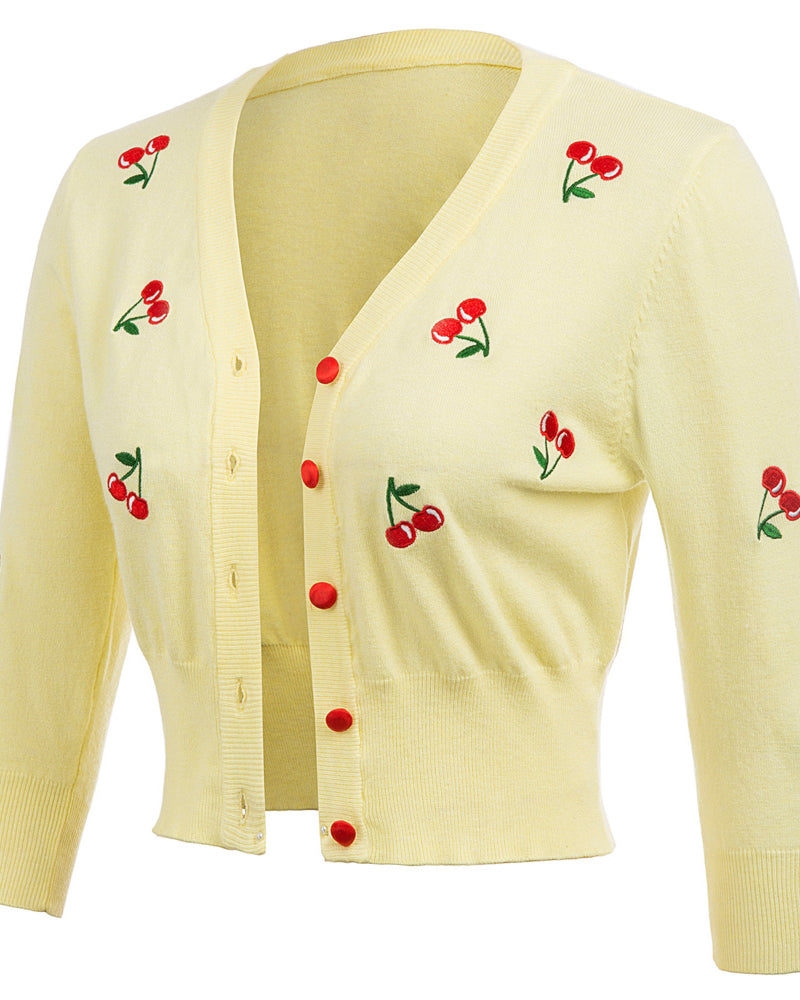 Cherries Embroidery 3/4 Sleeve V-Neck Cropped Knitting Cardigan - Belle Poque Offcial