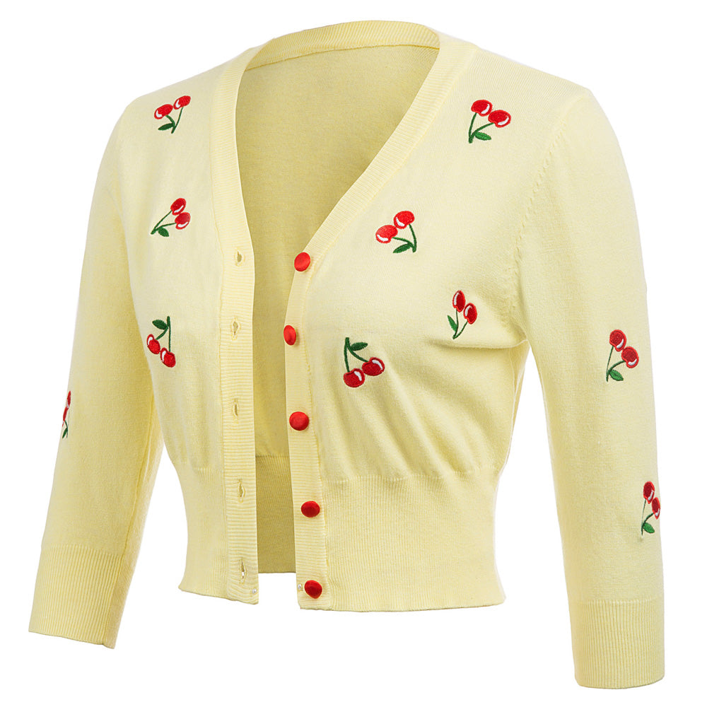 Cherries Embroidery 3/4 Sleeve V-Neck Cropped Knitting Cardigan - Belle Poque Offcial