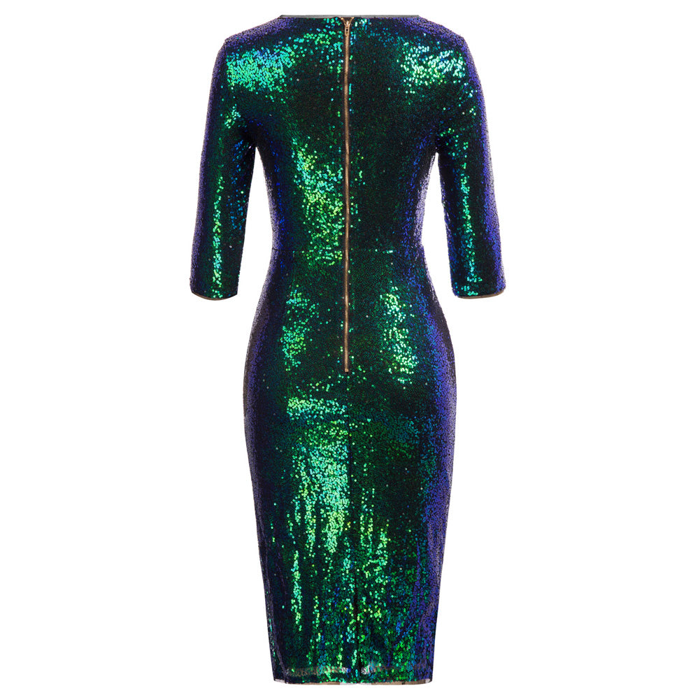 Sequined  Bodycon Dress 3/4 Sleeve Square Neck Hips-Wrapped Dress - Belle Poque Offcial