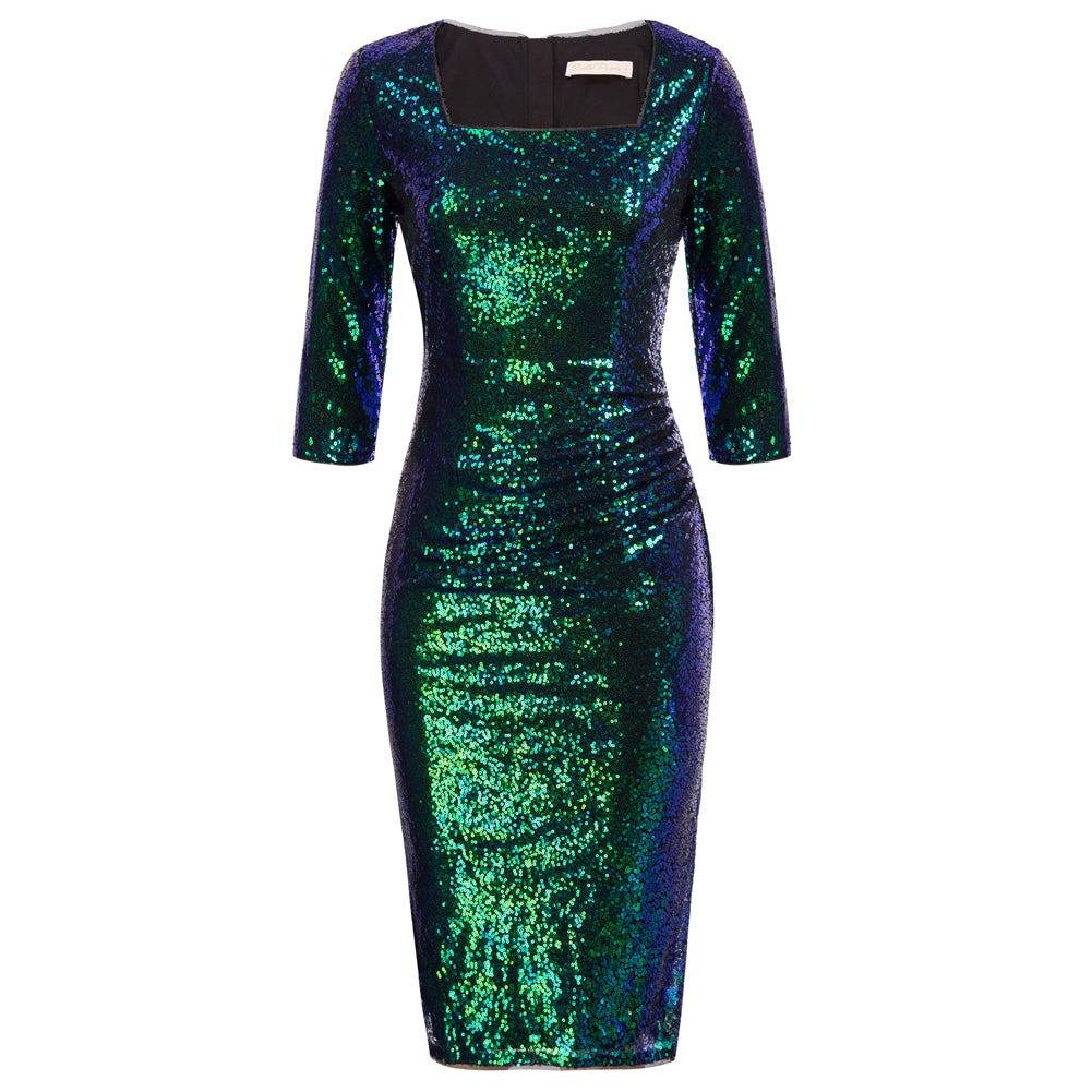 Sequined  Bodycon Dress 3/4 Sleeve Square Neck Hips-Wrapped Dress - Belle Poque Offcial