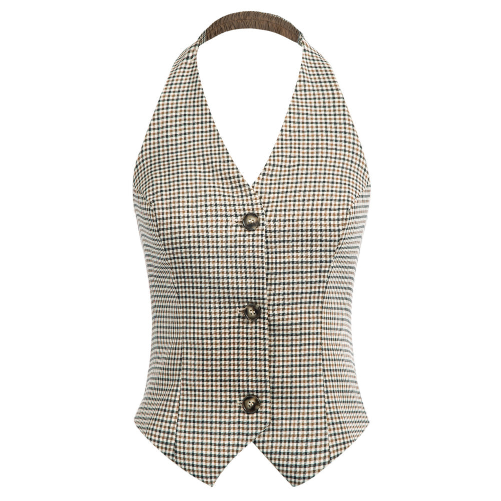V-Neck Single Breasted Handkerchief Hem Halter Backless Vest - Belle Poque Offcial