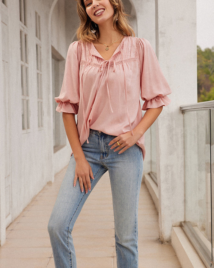 Pleated Loose Fit Tie-Neck Gathered Tops